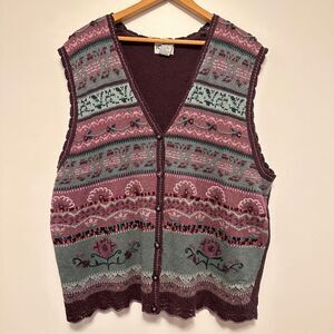 Vintage Koret Purple Hand Embroidered Beaded Sweater Vest Womens 1X GrandmaCore